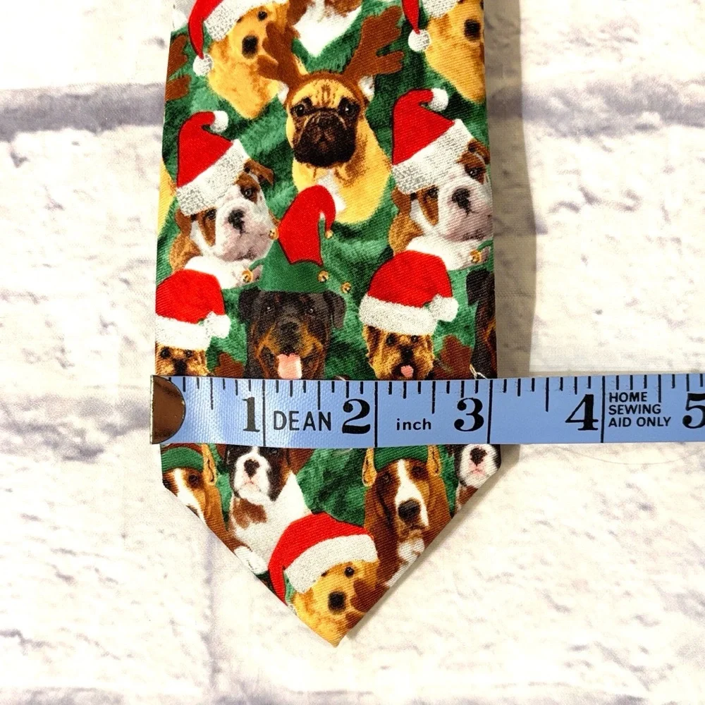 Bespoke Christmas Dogs Holiday Tie Green Christmas Puppies with Santa Hats NWT